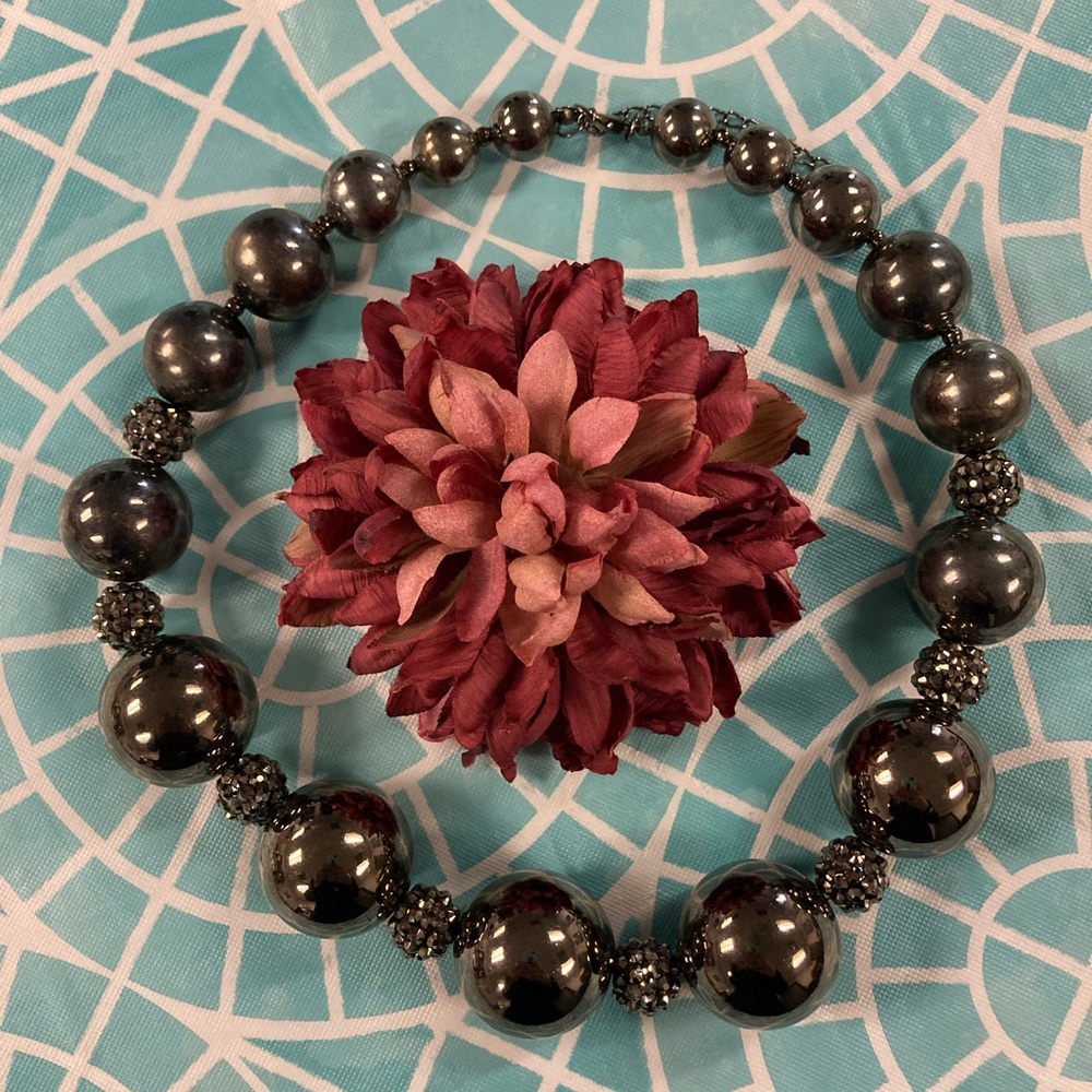 💛TODAY**$9***Designer beaded statement necklace w black beads & cz accents.